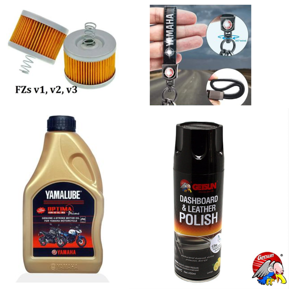 Combo pack Yamaha Golden Engine Oil,Getsun Spray Polish,Mobil Filter,Key ring